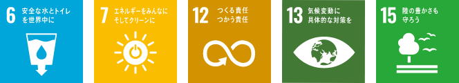 6安全な水とトイレを世界中に 7エネルギーをみんなにそしてクリーンに 12つくる責任つかう責任 13安全変動に具体的な対策を 15陸の量かさも守ろう