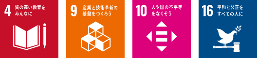 4質の高い教育をみんなに9産業を技術革新の基盤をつくろう 10人や国に不平等をなくそう 16平和と公正をすべての人に